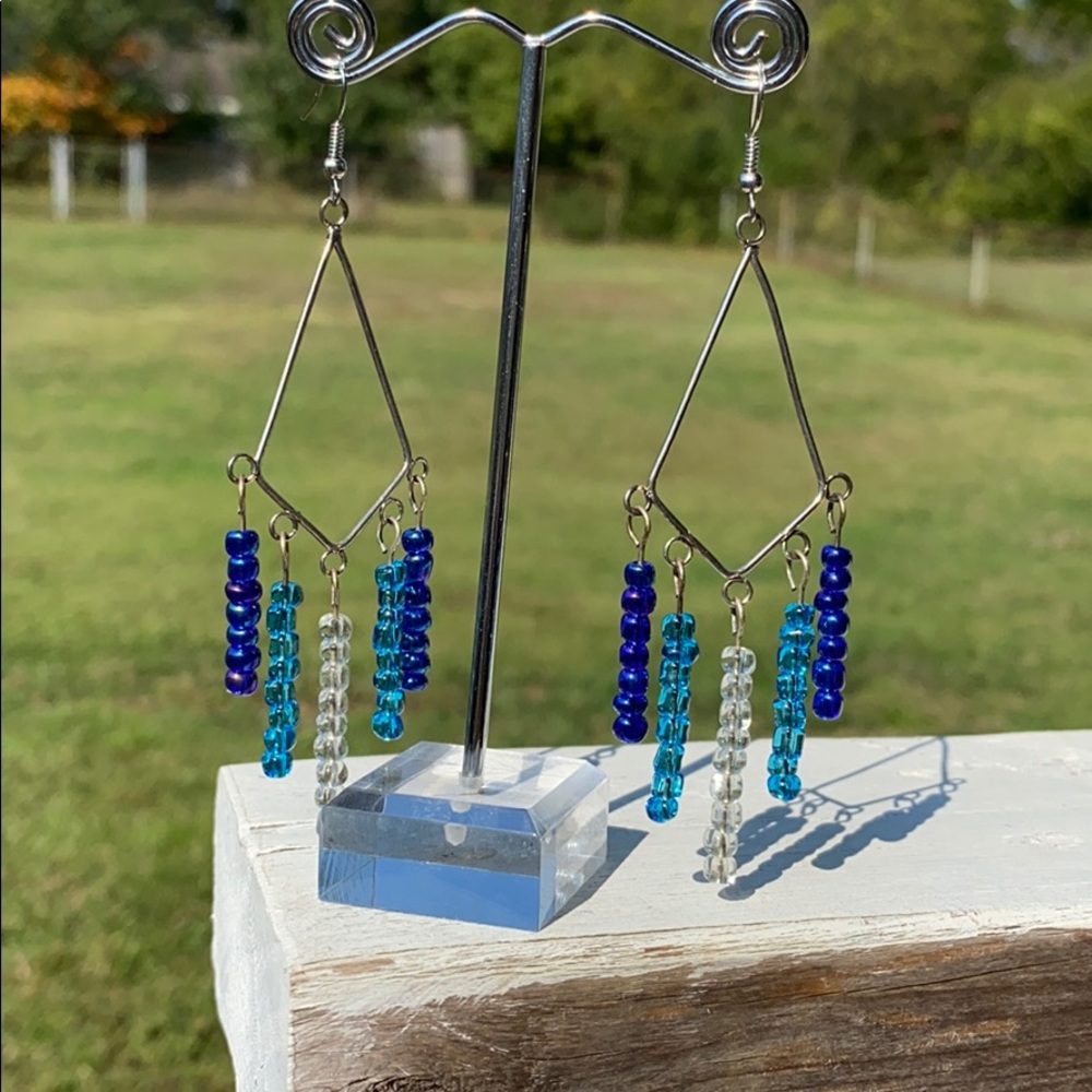 Blue Handmade Long Dimond Shape Earrings